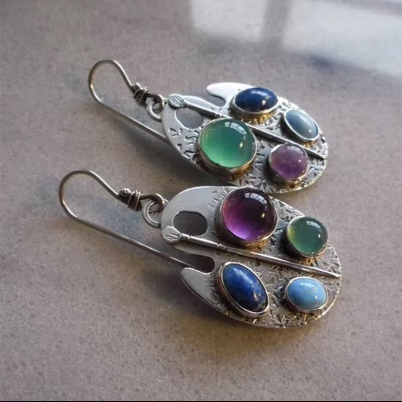 925 Sterling Silver Plated Antique Multicolor Hand Carved Pattern Earrings - Picture 4 of 8